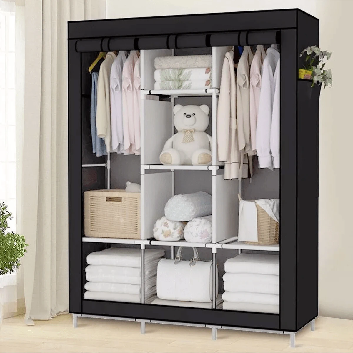 Large Canvas Fabric Wardrobe With Hanging Rail Shelving Clothes Storage Cupboard