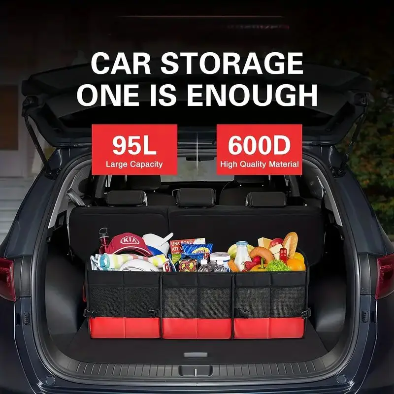 Universal Large Trunk Organizer For Car, Collapsible Multi Compartment Trunk Storage Bag With 2 Retractable Straps