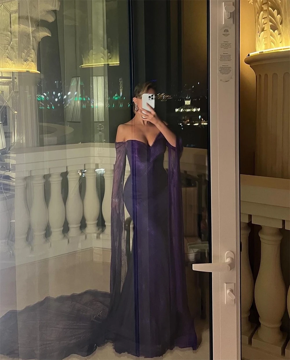 فستان حورية البحر أرجواني مخصص من Sansa بأكمام طويلة للحفلات الراقصة ورقبة على شكل قلب فيستدوس دي نوش ذيل محكمة سهرة رسمية 2025