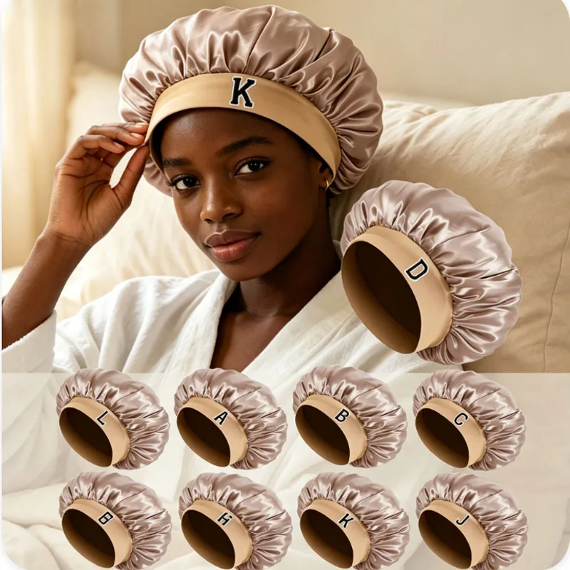 1Pc Unisex Bonnet Hat Customized A-Z Letters Satin Sleep Bonnet,Soft Bonnet，Elastic Wide-Brim Silky Sleeping Cap For Daily