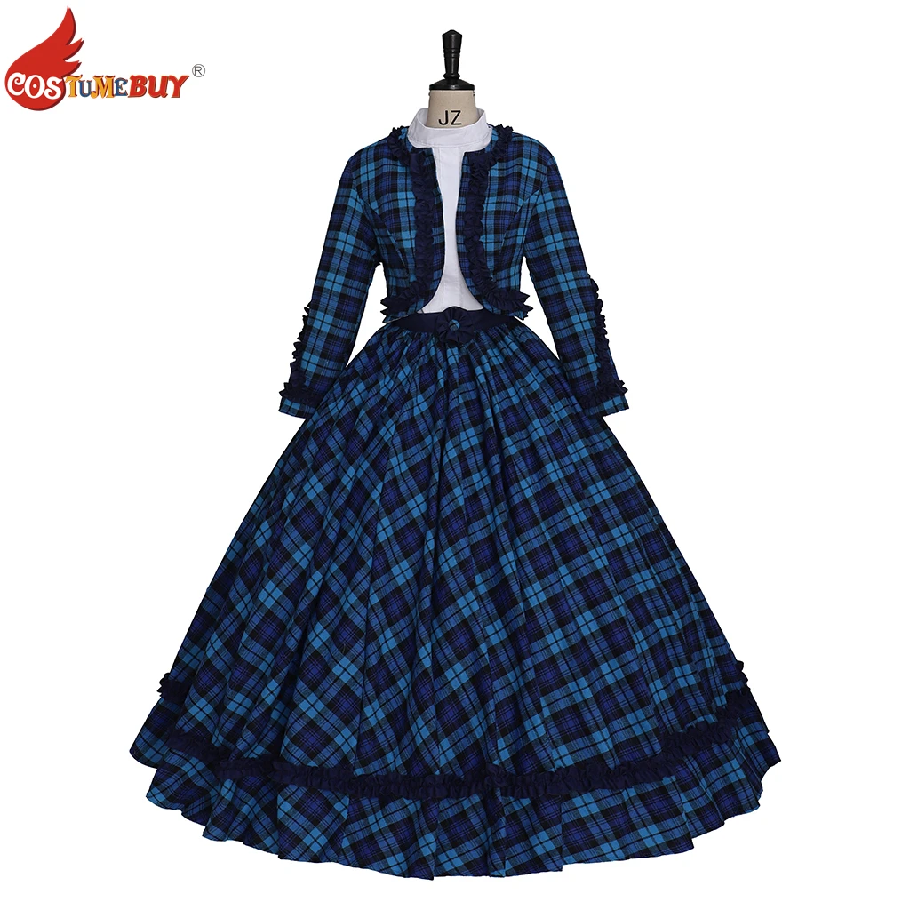 

Women's Victorian Blue Plaid Dress Medieval Ball Gown Tea Party Skirt Suit with Coat, Adults’ Holiday Prom Vintage Costume