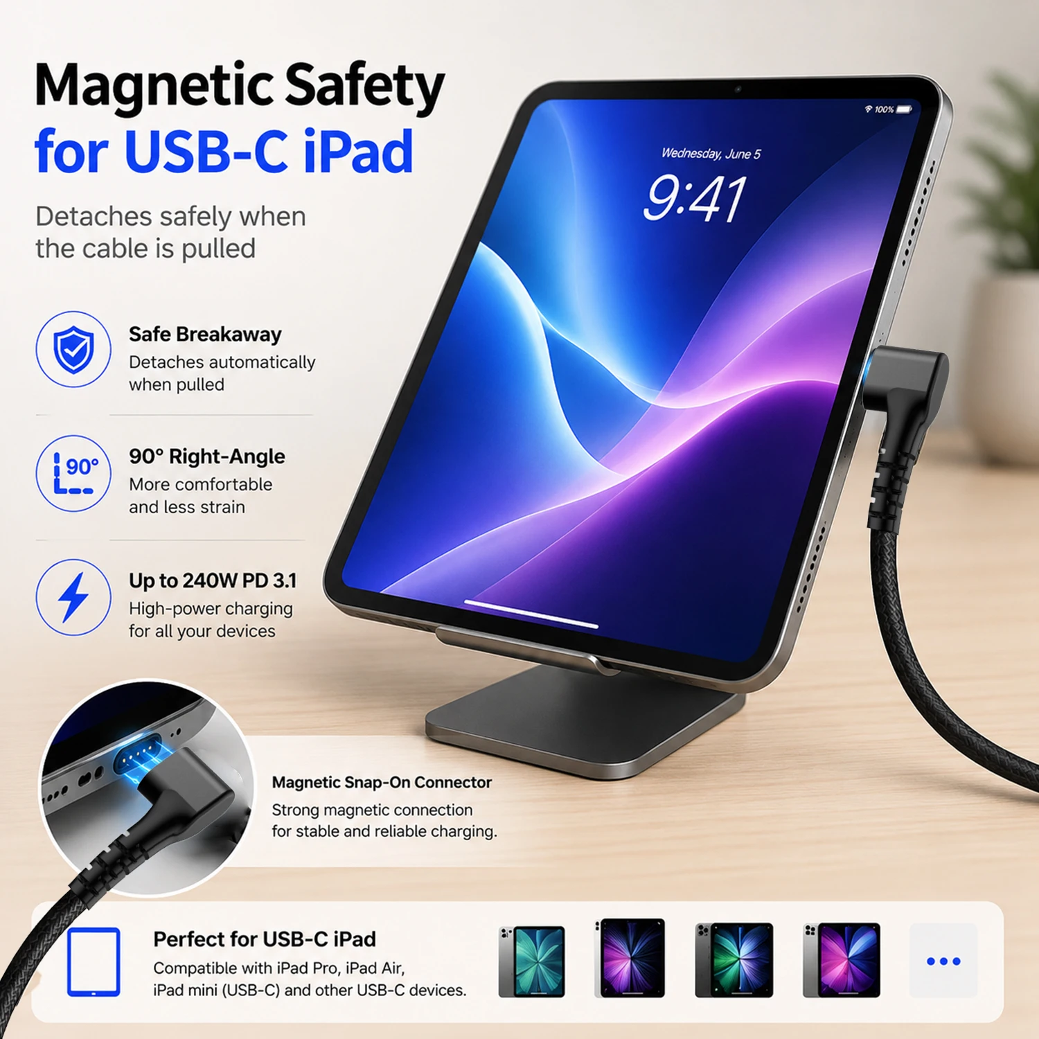 240W PD 3.1 Magnetisches USB-C Ladekabel 90 Grad USB-C zu USB-C Schnellladekabel mit Trennfunktion für Laptops und Tablets – Detail 4