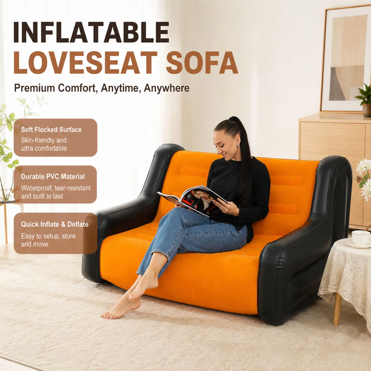 1PC Inflatable Loveseat Sofa Double Seat Flocked Air Couch with Armrests Portable Indoor Lounge Chair for Living Room