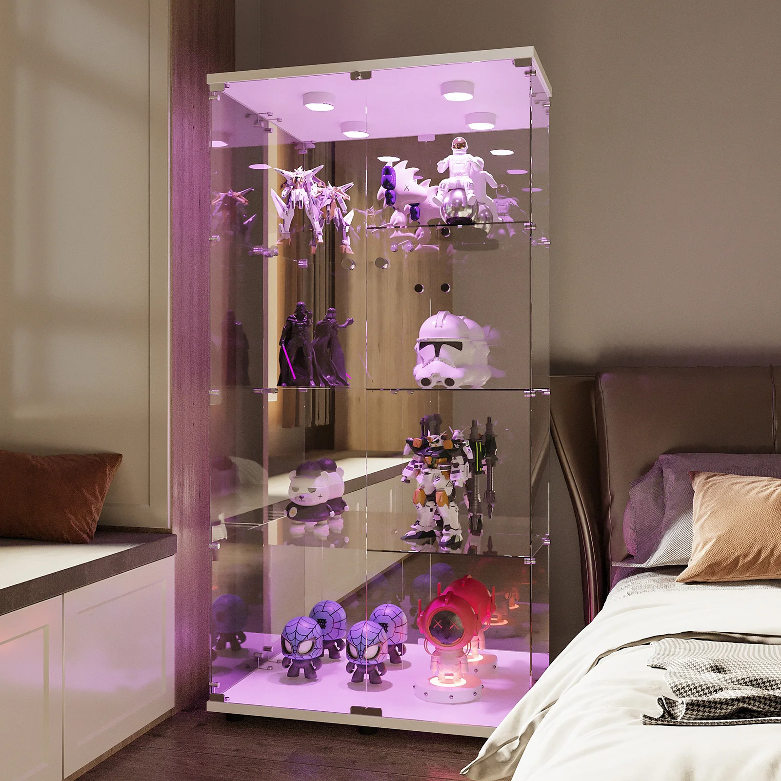 Anajqaqia Vitrine en verre à 4 niveaux avec éclairage LED, vitrine verrouillable avec 2 portes en verre, présentoir de rangement pour salon, bureau, chambre et exposition commerciale