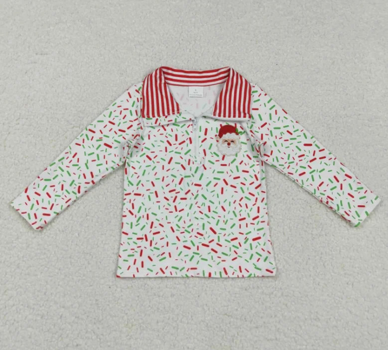 

BT1294 Hot Sale Santa Embroidery Sprinkles Print Lpng Sleeve Shirts Boys Christmas Pullover Tee Shirts Top