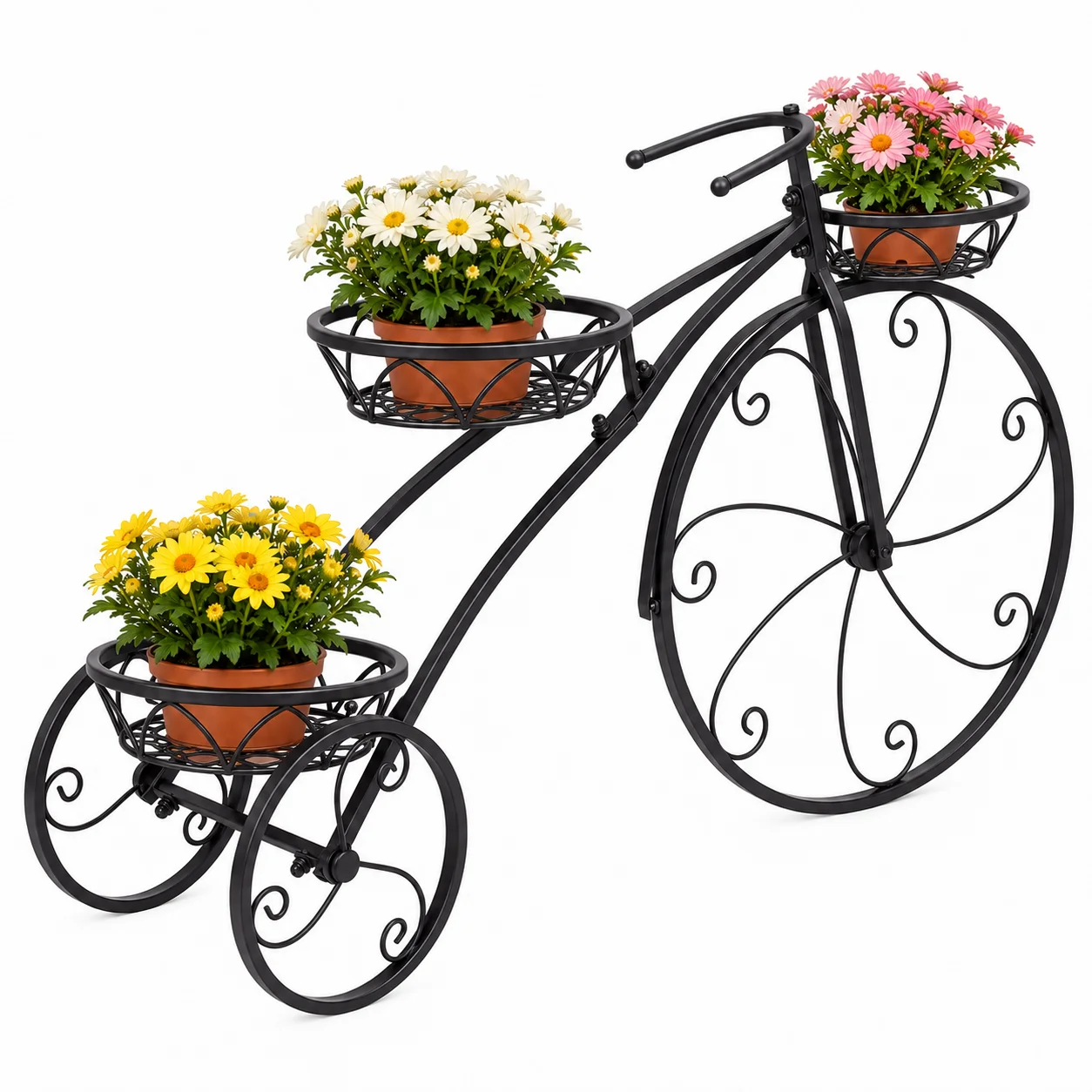 Vintage Metal Tricycle Plant Stand with 3 Pot Holders Decorative Flower Display Rack for Living Room Patio Garden