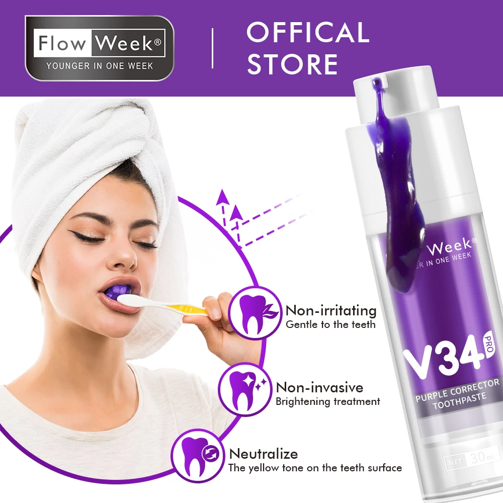 FlowWeek V34 Purple Toothpaste, Teeth Whitening V34, White Teeth, White Toothpaste, Bleach Teeth, Remove Cigarette Coffee Stains