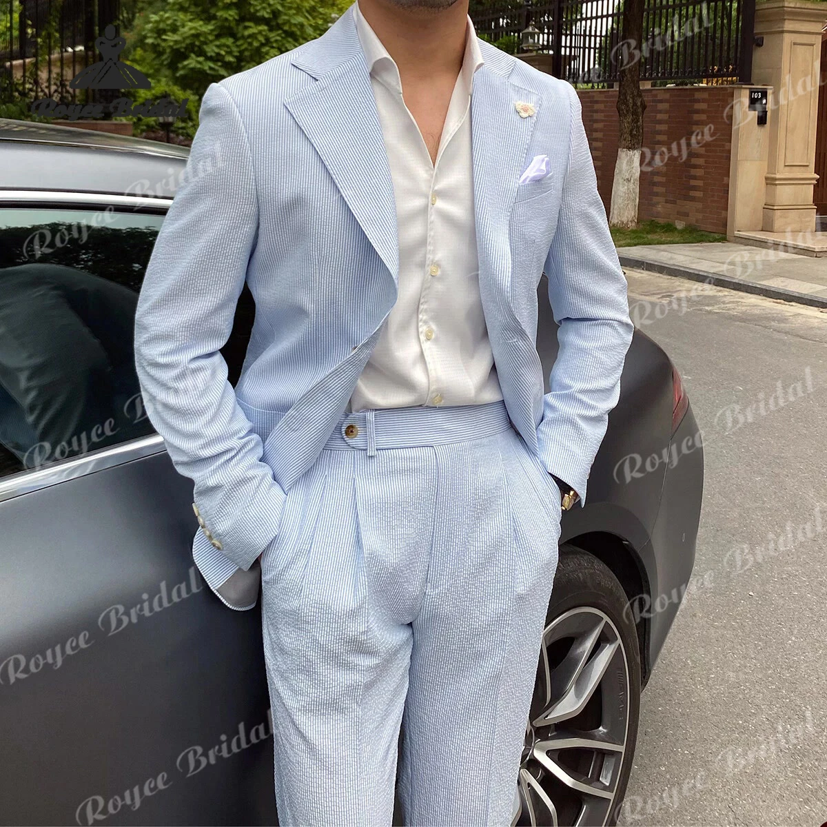 Seersucker Two Piece Single Breasted Men's Suit Wedding 2026 Notched Lapel Formal Evening Suit Customized trajes para hombre
