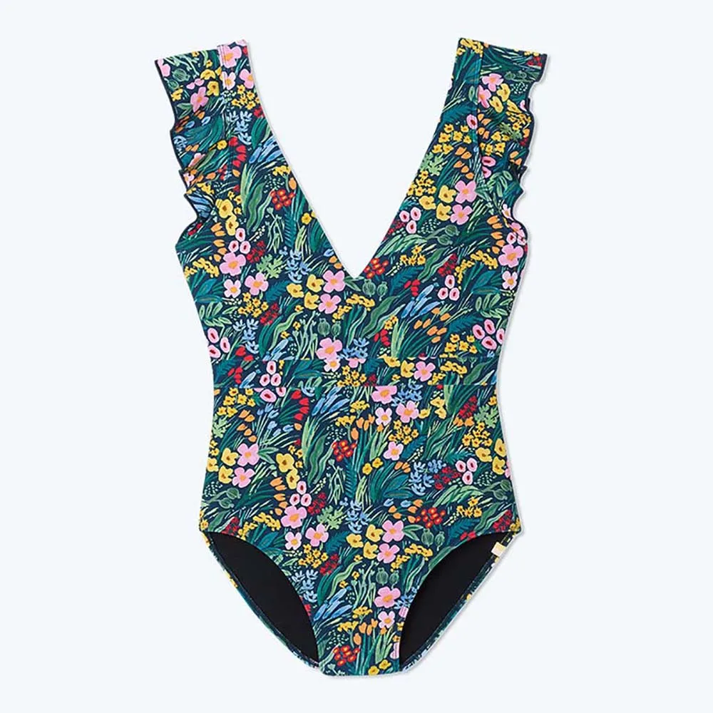 Green Flower Print V-Neck Ruffle One Piece Swimsuit High Waist Sexy Slim Bikini Fashion Summer 2024 Ladies