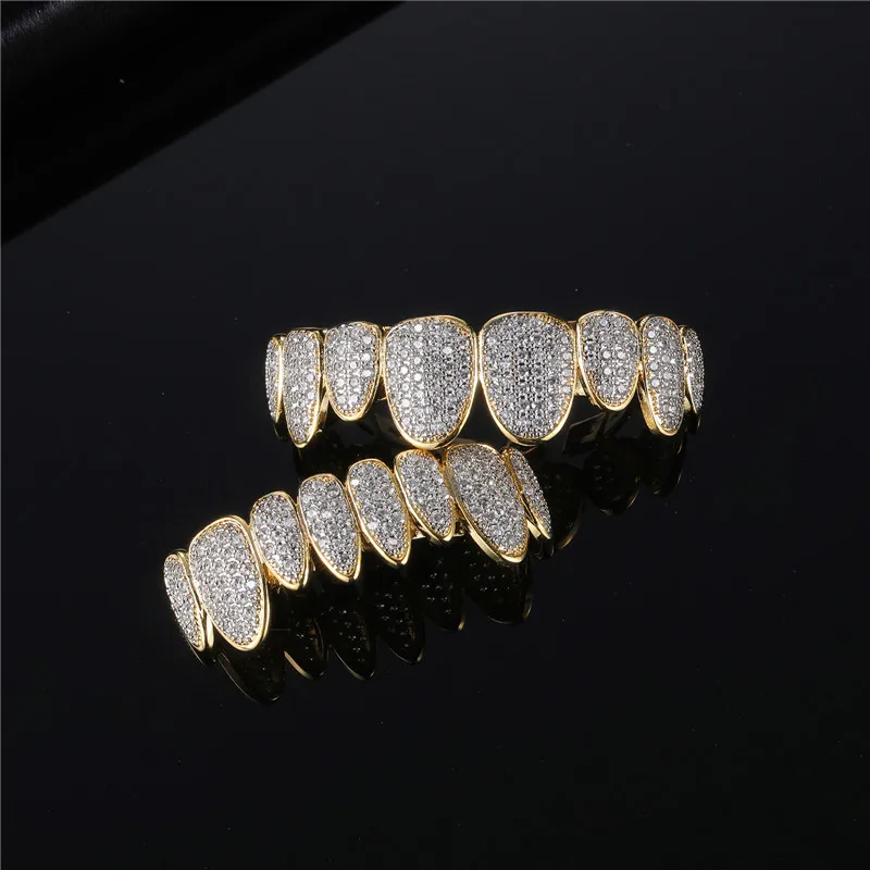 Hip Hop Full Iced Out Stones CZ Teeth Grillz Caps 2 Colors Cubic Zircon Micro Pave Top&Bottom Charm Grills For Men Women Jewelry