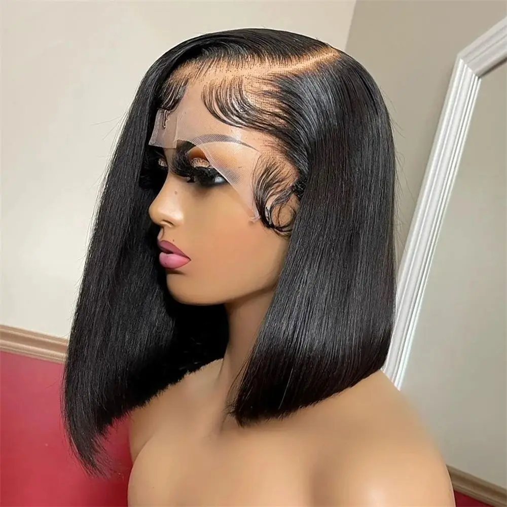 Brasileiro Bob Perucas Curtas para Mulheres, Osso Reto, Lace Front, 100% Cabelo Humano, HD Fechamento Transparente em Renda, 13x4, 4x4