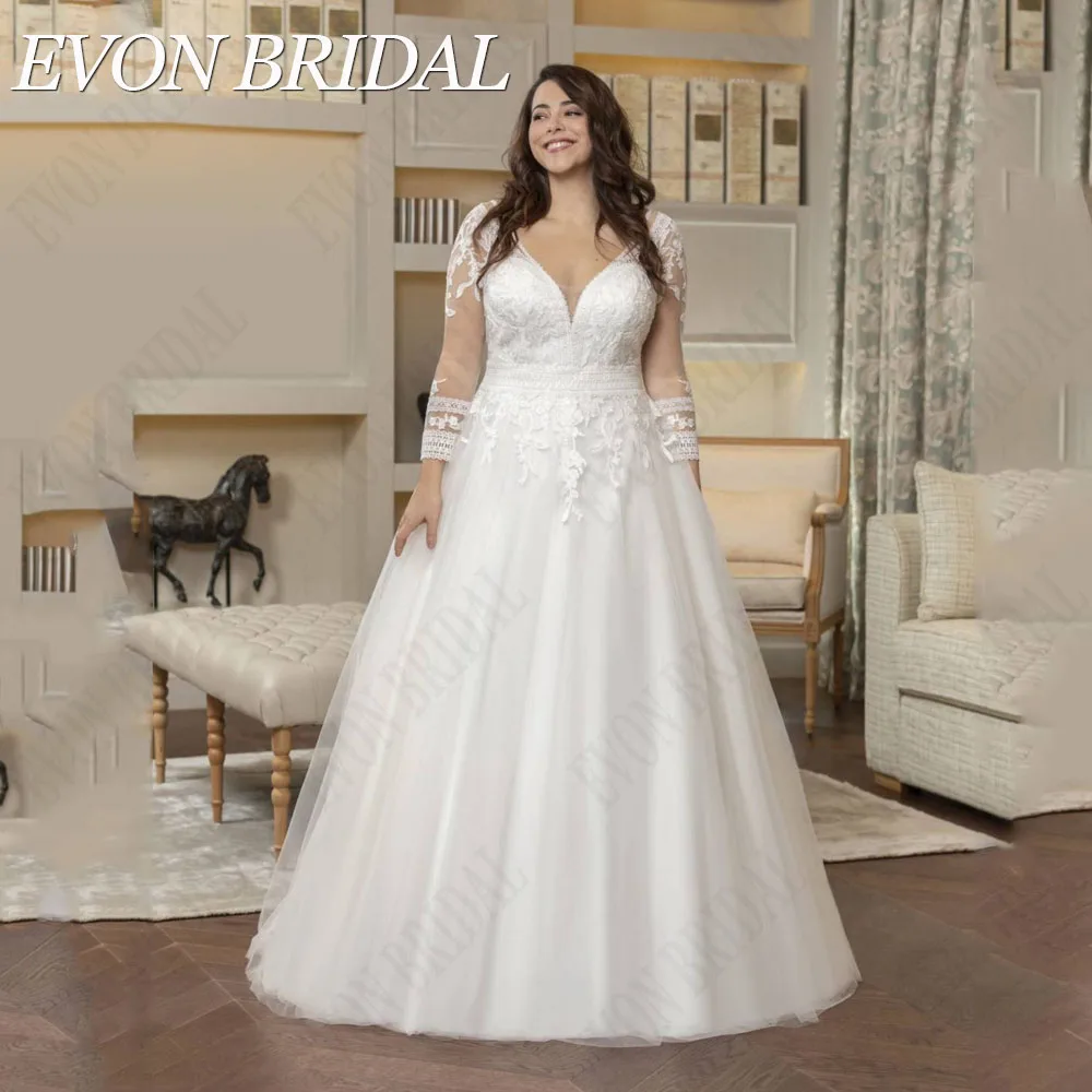 EVON BRIDAL 초대형 웨딩드레스 긴팔 V넥 스티커 A자 신부 드레스 단추 뒤 스커트 웨딩드레스EVON BRIDAL 오버사이즈 웨딩 원피스, 긴 소매 V넥 아플리케 A라인 신부 가운, 단추 백 스위프 트레인 웨딩 드레스