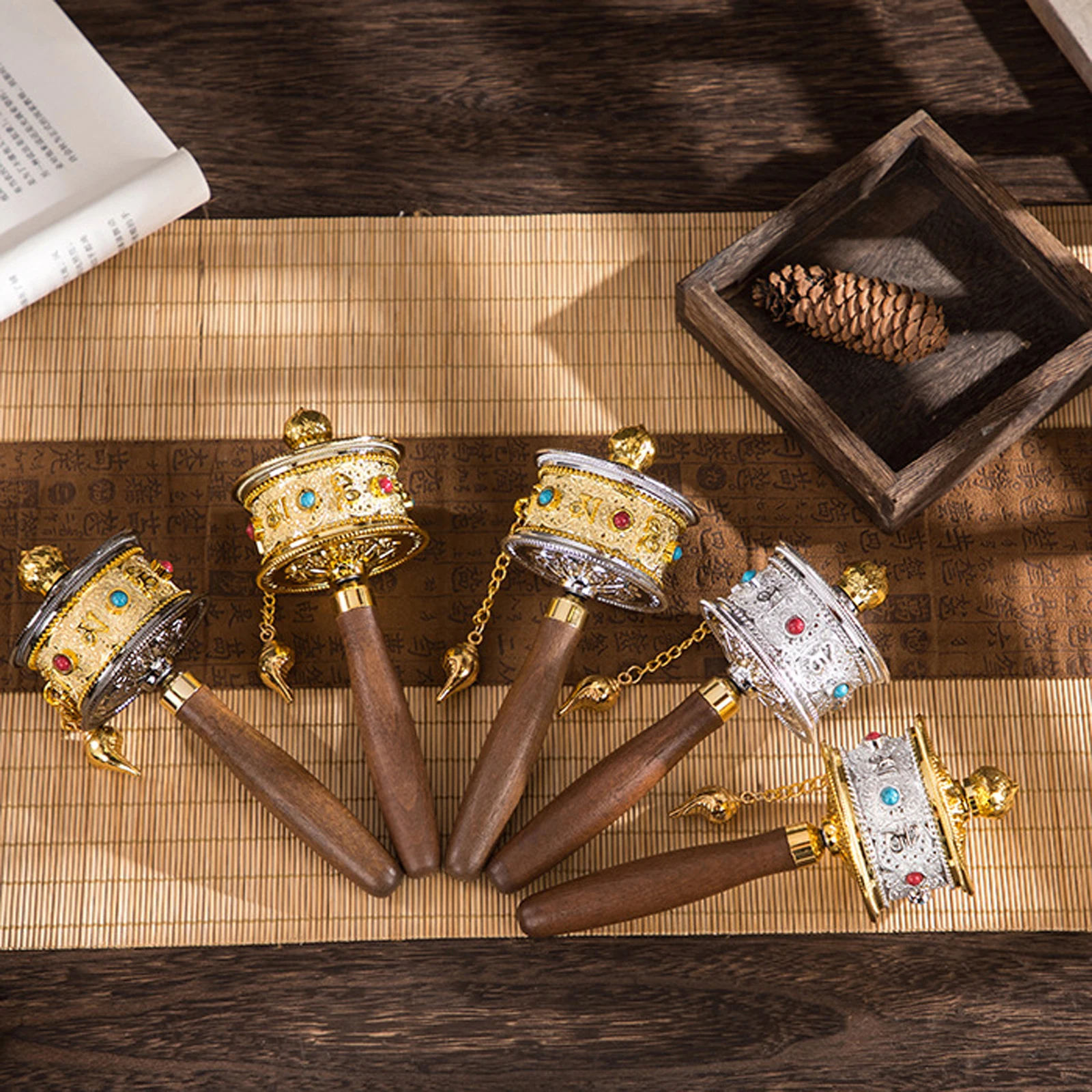 Wooden Handle Tibetan Prayer Wheel Handheld Buddhist Premium Buddha Scriptures Turn Praying Instrument for Meditation Room
