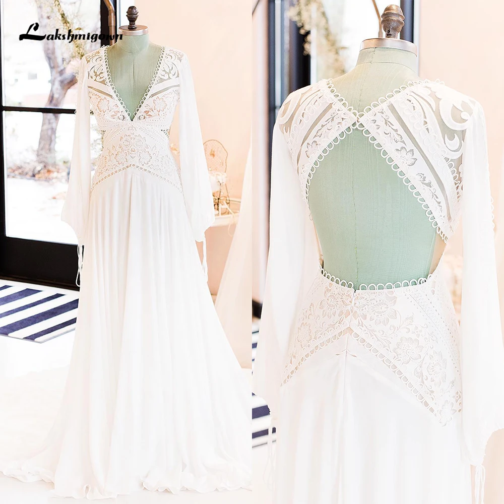 Boho Sexy V Neck Open Back Full Sleeve Lace Top Chiffon A Line Wedding Dress For Women Beach Bridal Gowns Sweep Robe De Mariée