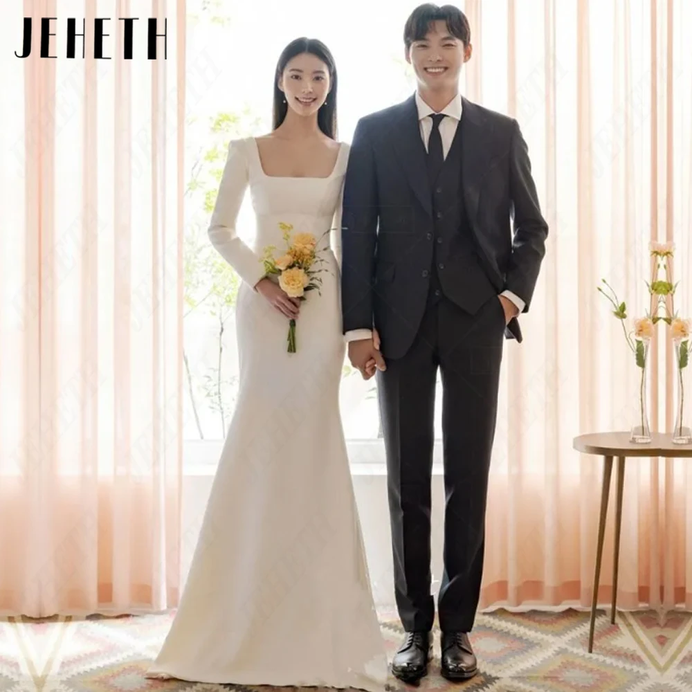 Jeweth gaun pernikahan lengan panjang persegi leher gading gaun pengantin Satin lembut putri duyung Korea gaun pengantin sederhana elegan 웨드**3/2014 semangat buatan