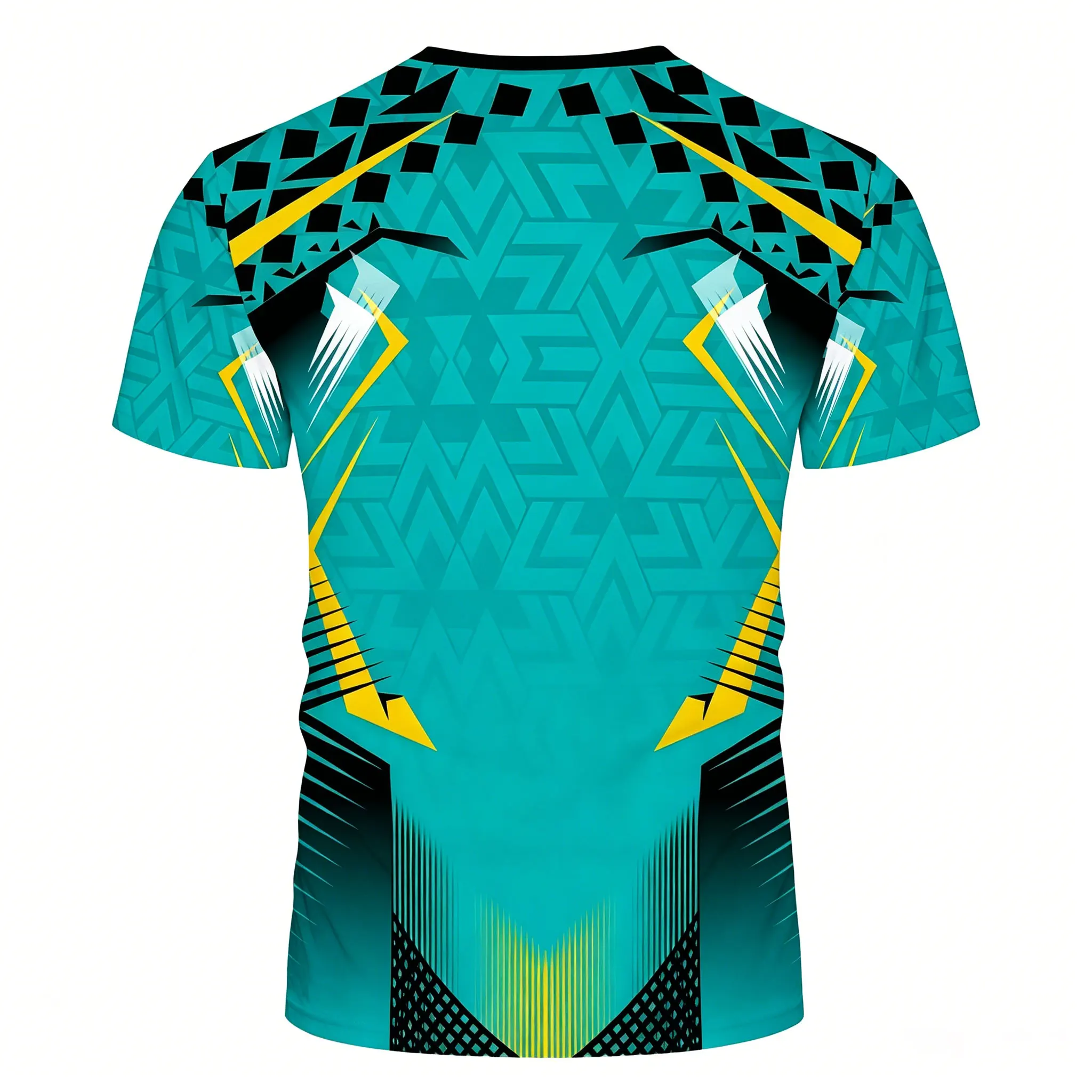 Herren Kompressions-T-Shirt mit geometrischem Tech-Print in Teal-Gelb, atmungsaktiv, schnelltrocknend, hochelastisch, Kurzarm, für Fitness und Sport – Detail 5
