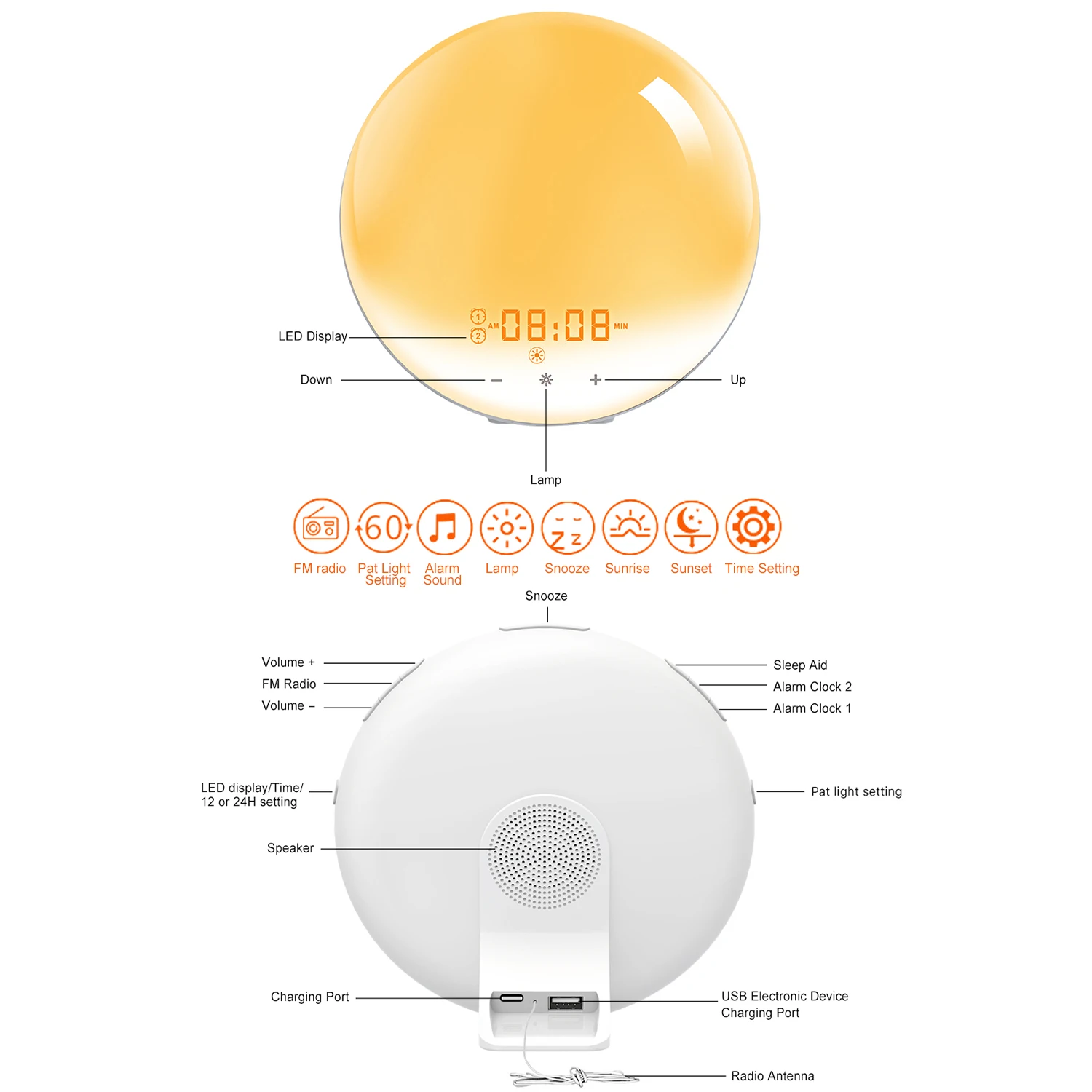 ساعة منبه لشروق الشمس، ساعة إضاءة للاستيقاظ، ساعة رقمية تناظرية لشروق الشمس/غروب الشمس، وظيفة الغفوة، ضوء ليلي، ساعة مكتب راديو Fm #6