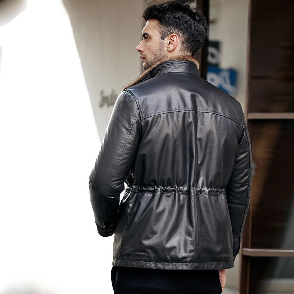 Denny&Dora Mens Leather Fur Jackets Denmark Imported Mink Lining Black Cowhide Leather Jacket