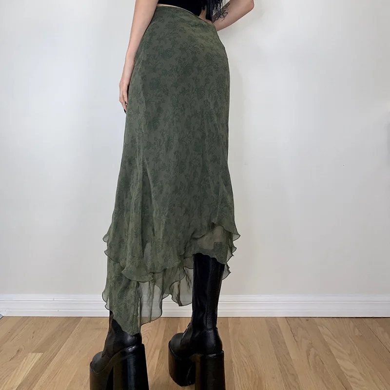 SKMY New Fashion Autumn Green Chiffon Solid Color Irregular Skirt Temperament Commuting Patchwork Long Skirts Women Clothing