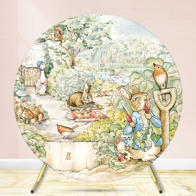 

Круглый фон с изображением кролика и сада, милый акварельный круглый баннер с наполнителем животных, яркий фон для фотобудки на тему природы