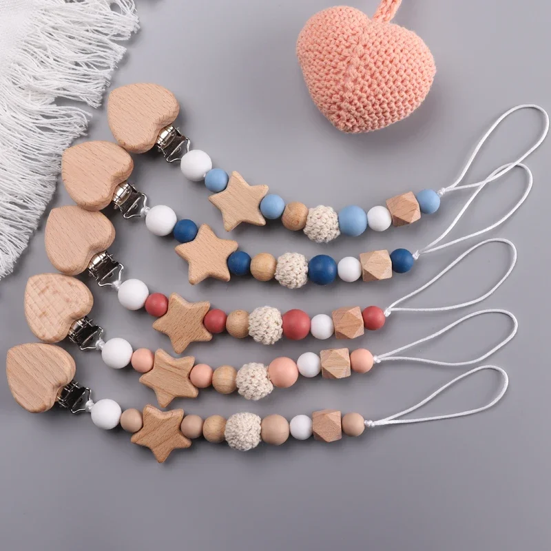 Baby Wood Crochet Round Bead Pacifier Chain Wooden Heart Dummy Holder Clip For Baby Teether Teething Chain Nursing Chew Toy Gift