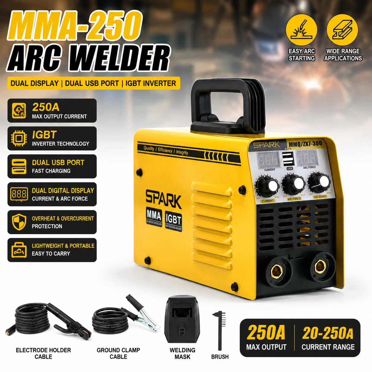 Spawarka MMA-250, podwójny port USB i podwójny wyświetlacz cyfrowy, spawarka do ręcznego spawania łukiem elektrycznym, przenośna spawarka do spawania elektrodą stalową o mocy 250 A, idealna do użytku