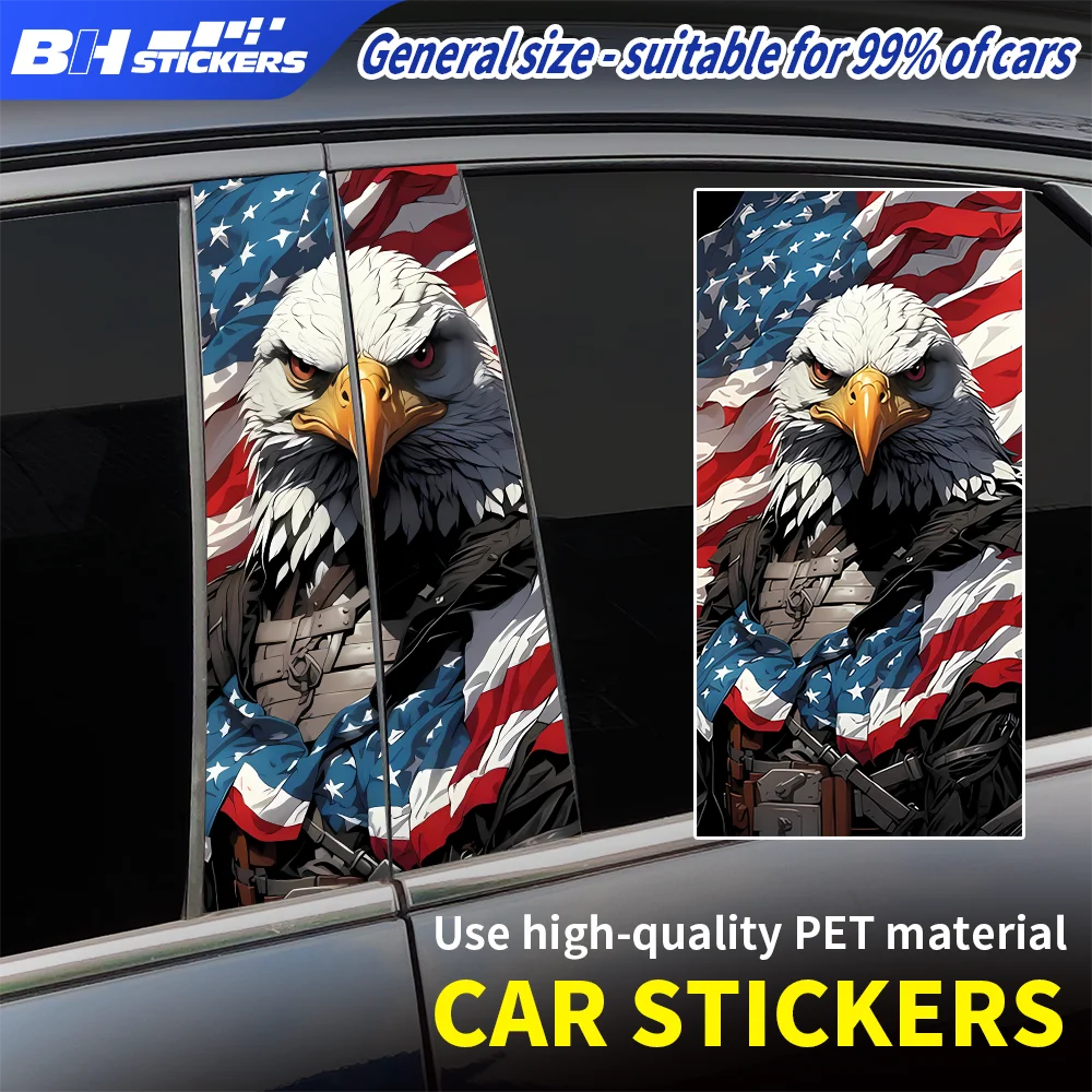 US American Flag Car Pillar Stickers Fierce Bald Eagle Graphic Decals Automobile Middle Window Columns Wrap Decor Vinyl Film