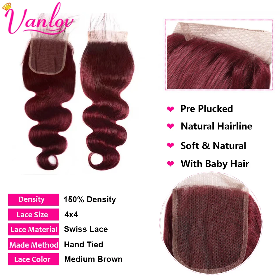 Vanlov 99J Straight 4x4 Lace Closures Brazilian Body Wave Free Part Lace Closure Burgundy 150% Density Loose Wave Lace Closure