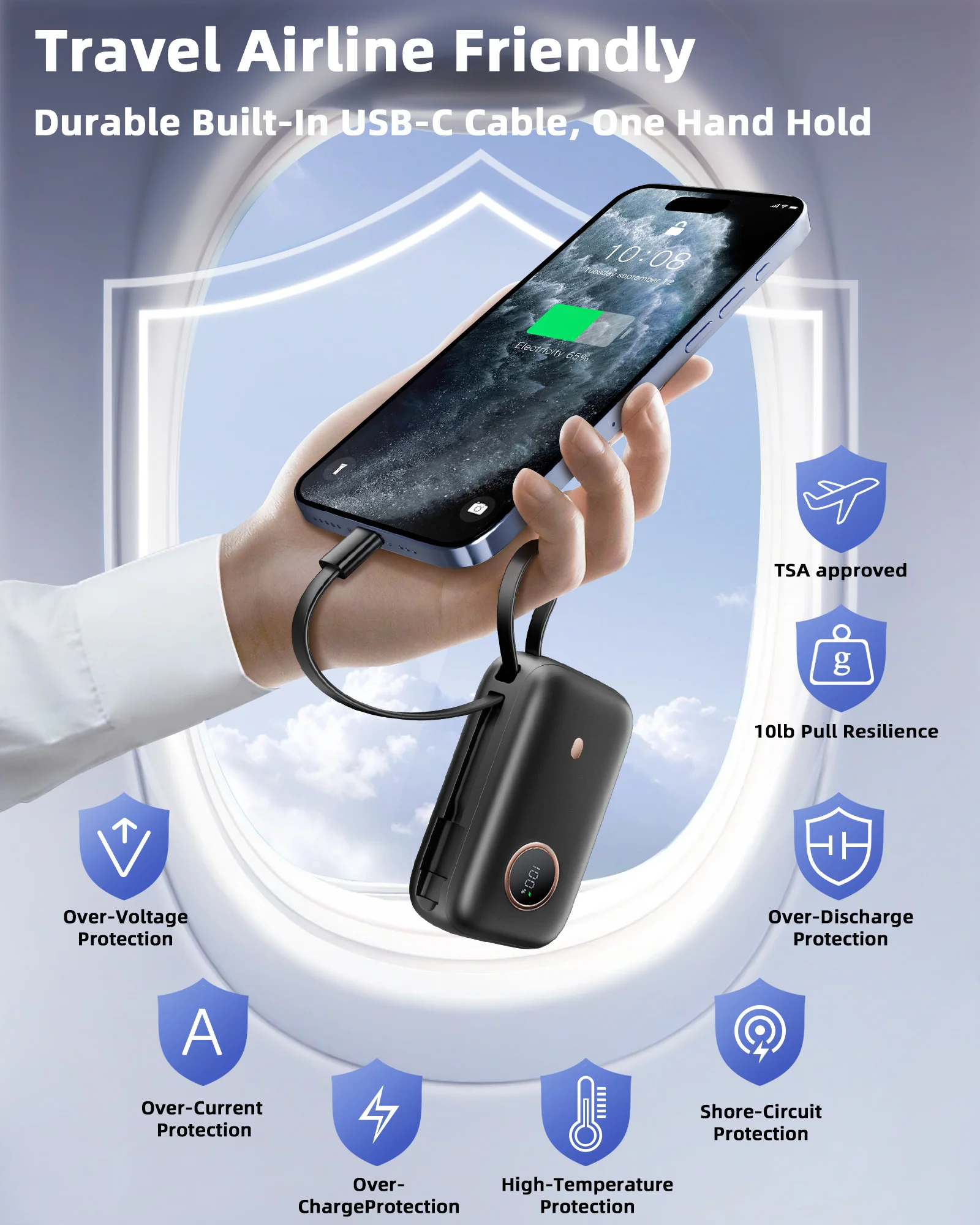 10000 mAh Mini-Powerbank, ultrakompaktes tragbares Ladegerät mit integriertem Kabel, 22,5 W Schnellladegerät für iPhone Samsung Android.