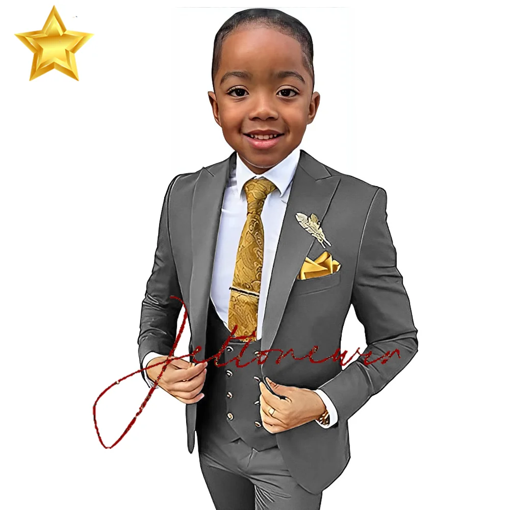 Turquoise Boys Suit 2-16 Years Old Jacket Pants Vest 3 Piece Set Kids Formal Wedding Tuxedo Gun Lapel Blazer Child