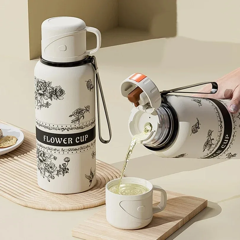 Large Capaci Stainl Steel Insulated Water Bottle Women's High Aesthetic Value Student Thermos Flower Design Beverage Con...