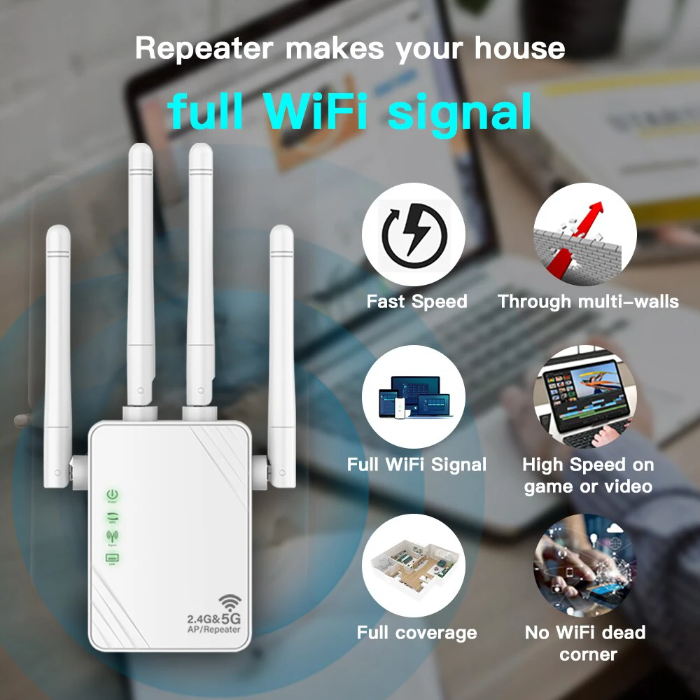 WiFi Extender 1200Mbps WiFi Signal Booster Dual Band 2.4G/5G Outdoor Signal Amplifier with Ethernet Port 360° Full Coverage