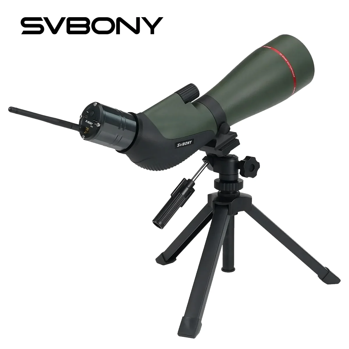 Telescopio terrestre SVBONY SA412 20-60X80 HD FMC con cámara SC001 WIFI Trípode de escritorio ajustable mejorado para disparos de rango medio