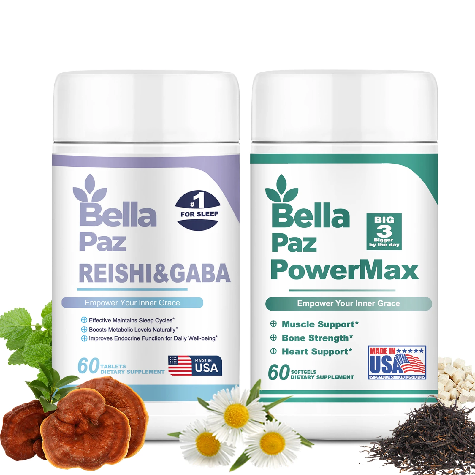 Bellapaz Reishi + Omega Power Duo: 24/7 Wellness for Daytime Energy & Nighttime Recovery （2 bottles）