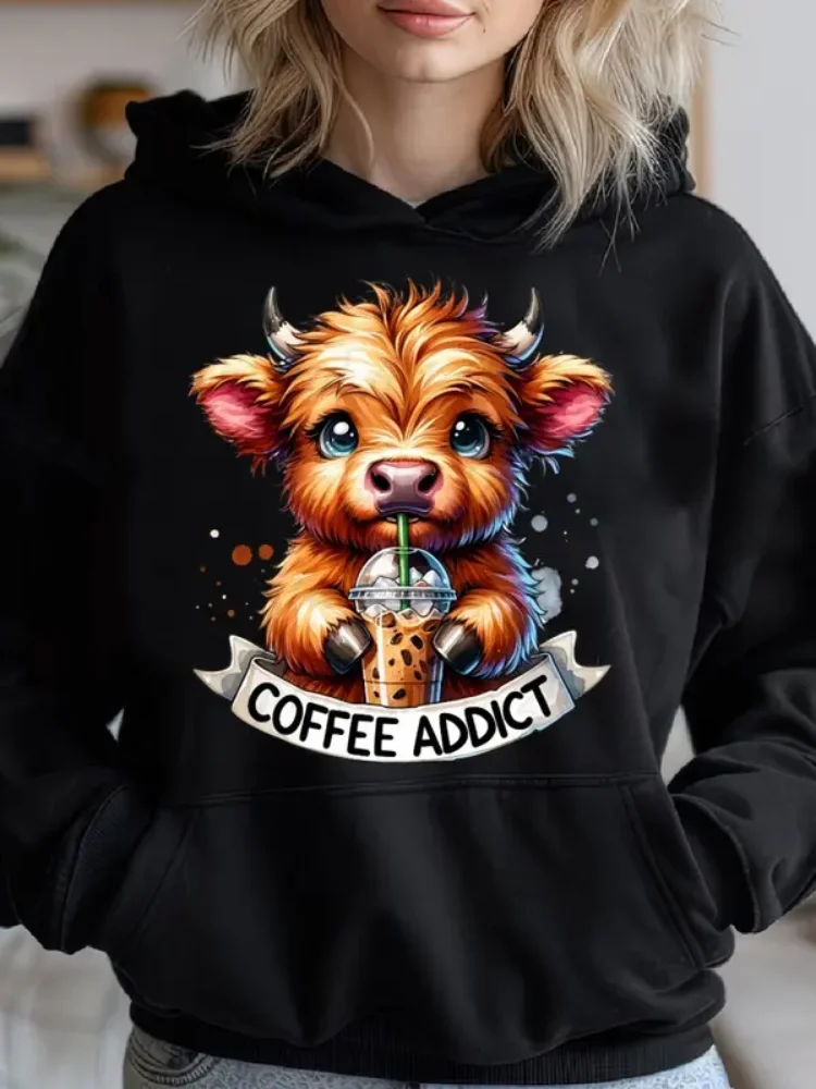 

Женский пуловер с капюшоном Highland Cow Coffee Addict, милые подарки, уютный классический пуловер с принтом, повседневная толстовка с длинными рукавами