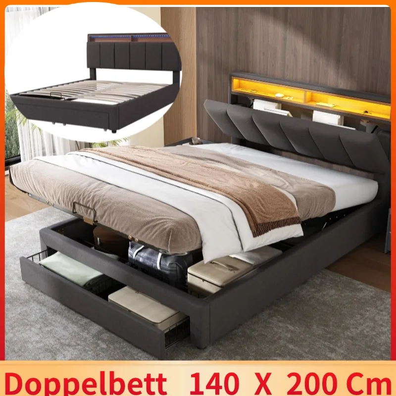 140X200cm Upholstery bed with LED lighting,Double bed,hydraulic storage space bed,stowable headboard made of foam, linen