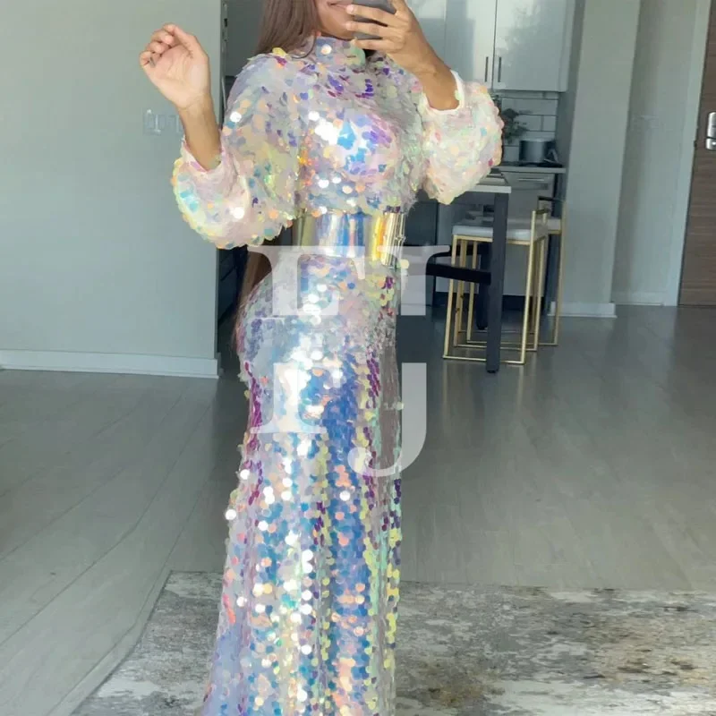 Uwaga tęczowe sukienki cekiny z długim rękawem na szyję suknia wieczorowa rozkloszowana na dole Fashion Girls sukienka na przyjęcie urodzinowe vestidos — zdjęcie 2