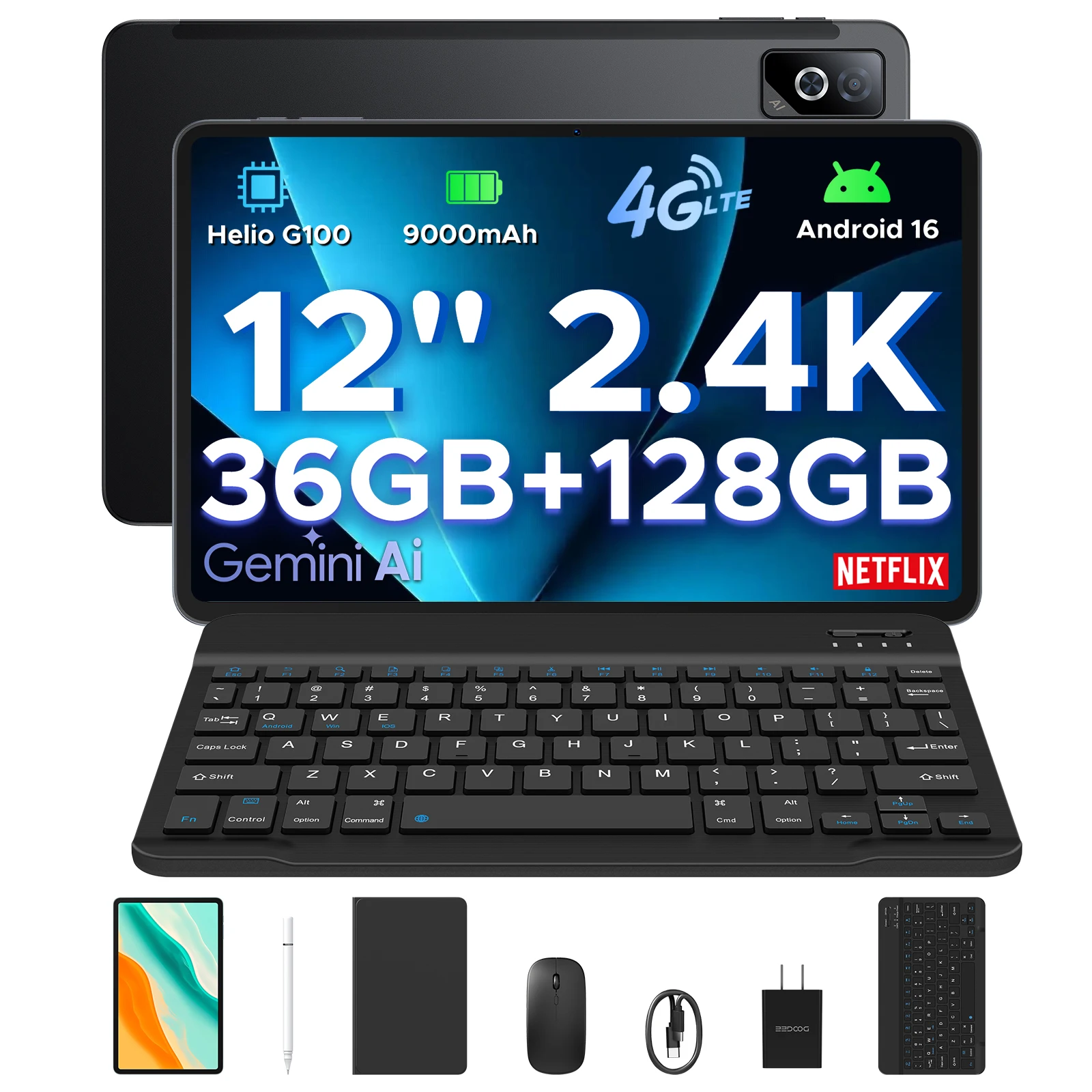 DOOGEE Tab G6 Pro Tablet 12 inch Android 16 7.5mm Ultra-Thin Matal Body 9000mAh Battery 90Hz 2.4K Display 36GB RAM+128GB ROM  Helio G100 Octa- Core Dual Speakers Tablet PC