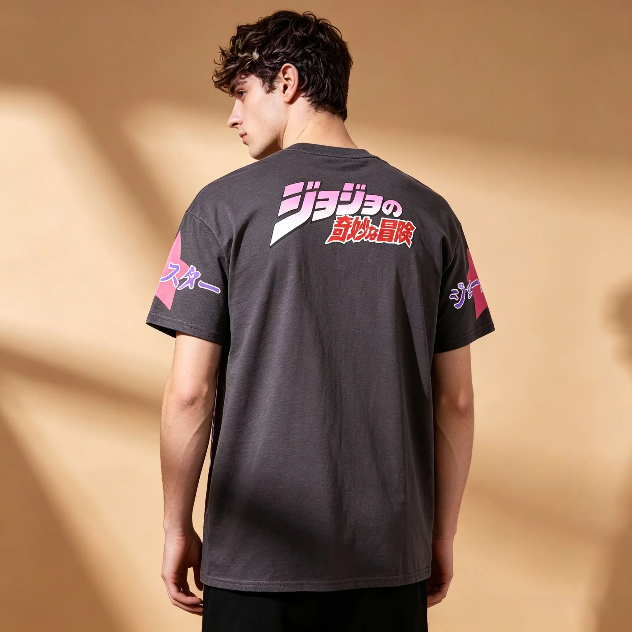 Men's JoJo's Bizarre Adventure Jotaro Kujo Star Platinum Anime Japanese Text Sleeve Print Crew Neck T-Shirt, Dark Gray Vintage O