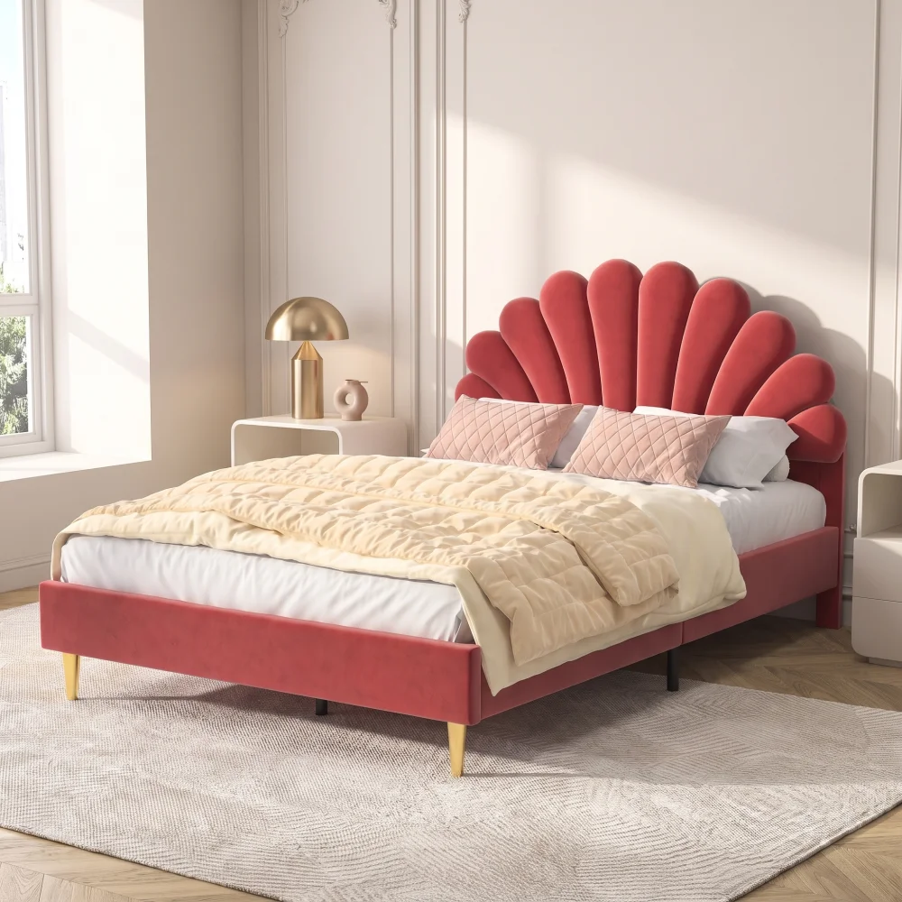 Anajqaqia 140x200cm Doppelbett, Polsterbett mit Blütenblatt-Kopfteil, Kinderbett, Jugendbett mit Lattenrost, Samt, Weinrot