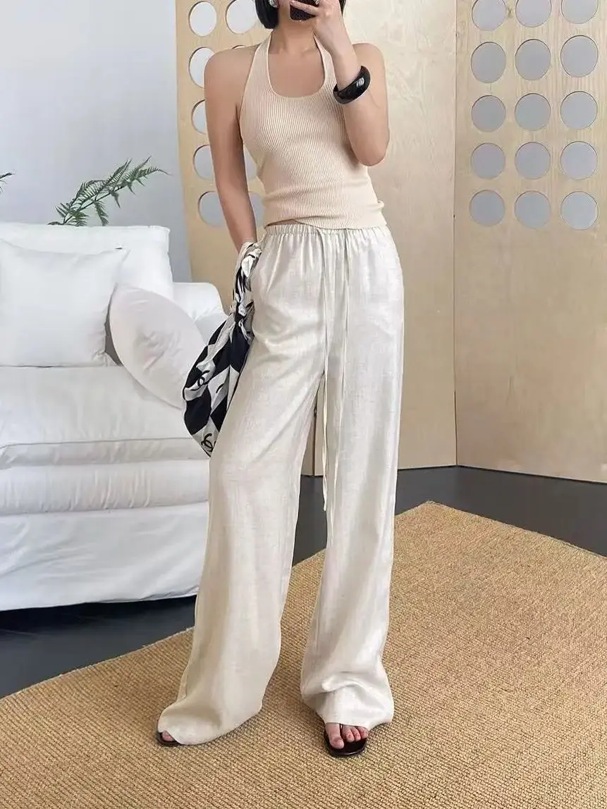 

Women's versatile solid color casual 100% linen straight pants