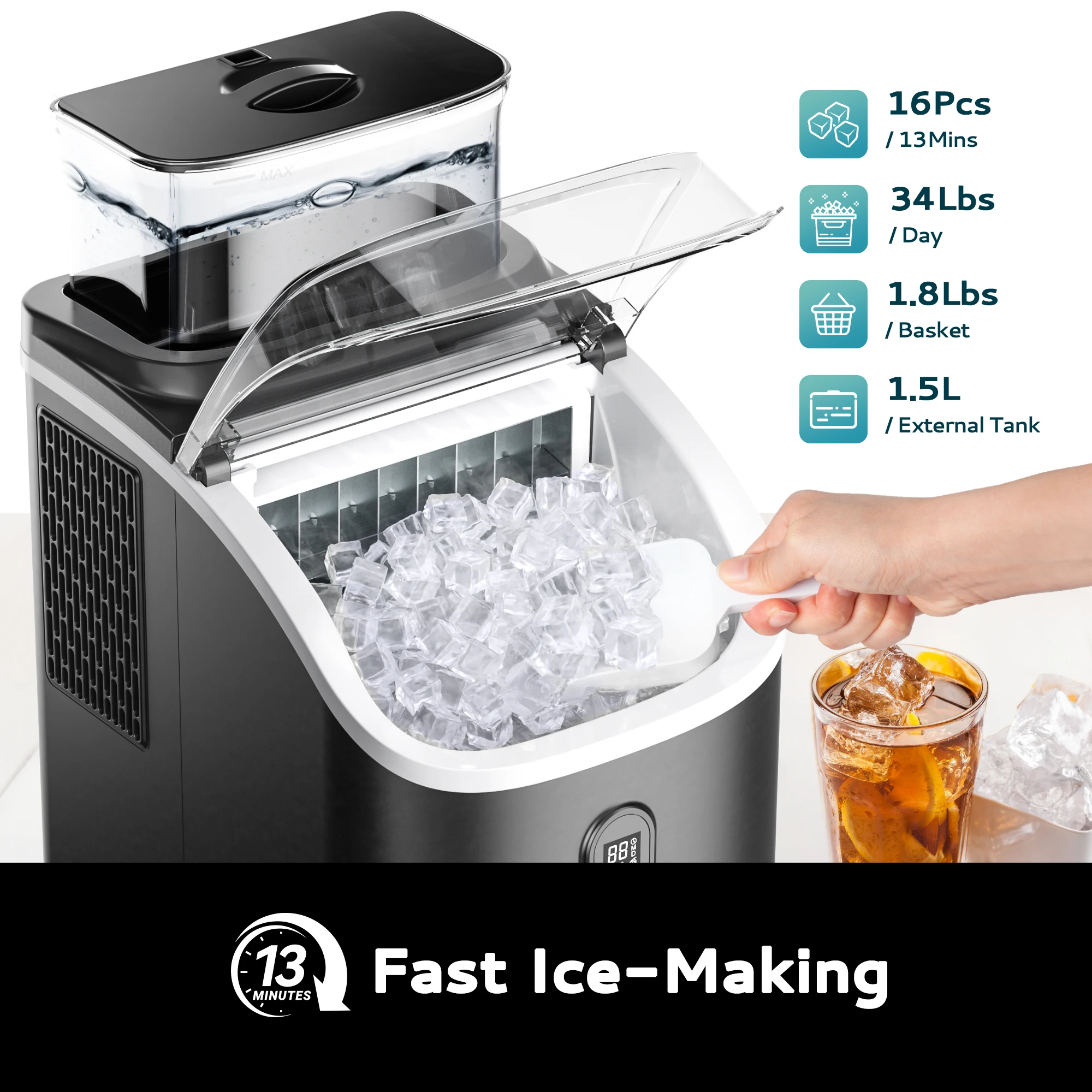 SIMZLIFE Ice Cube Maker Machine with External 34Lbs Water Tank 16Pcs Ready in 13 Mins 2 Ways to Add Water for Kitchen Office Bar