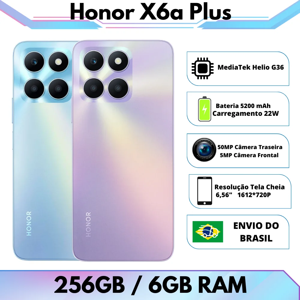 Honor X6a PLUS 256GB ROM / 6GB RAM  | Envio do Brasil | Smartphone 4G , Processador Helio G36, Bateria 5200 mahh