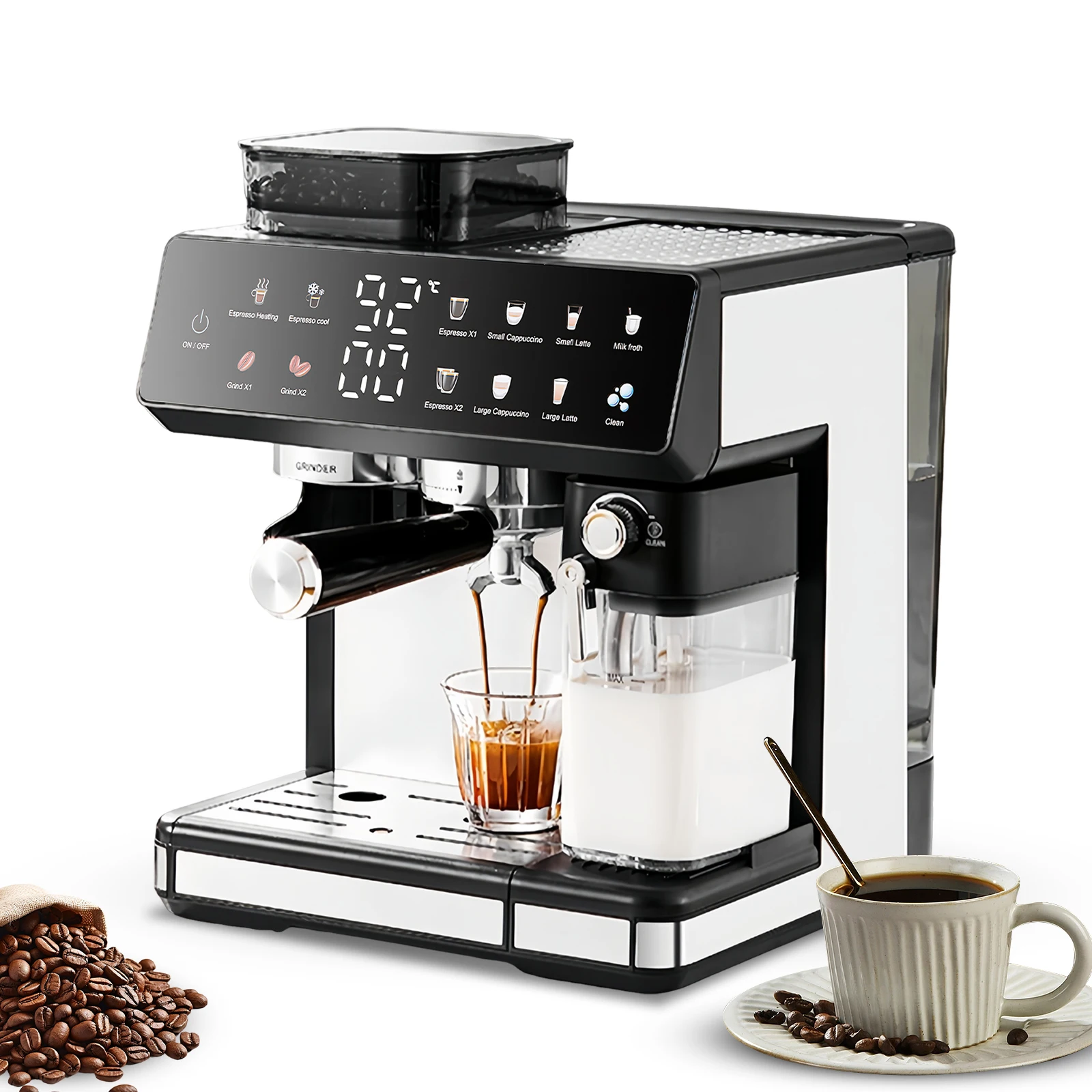 Café de 1350 W totalmente automático, con caldera doble y espumador de leche, depósito de agua de 2,7 L, pantalla táctil, café en grano y polvo