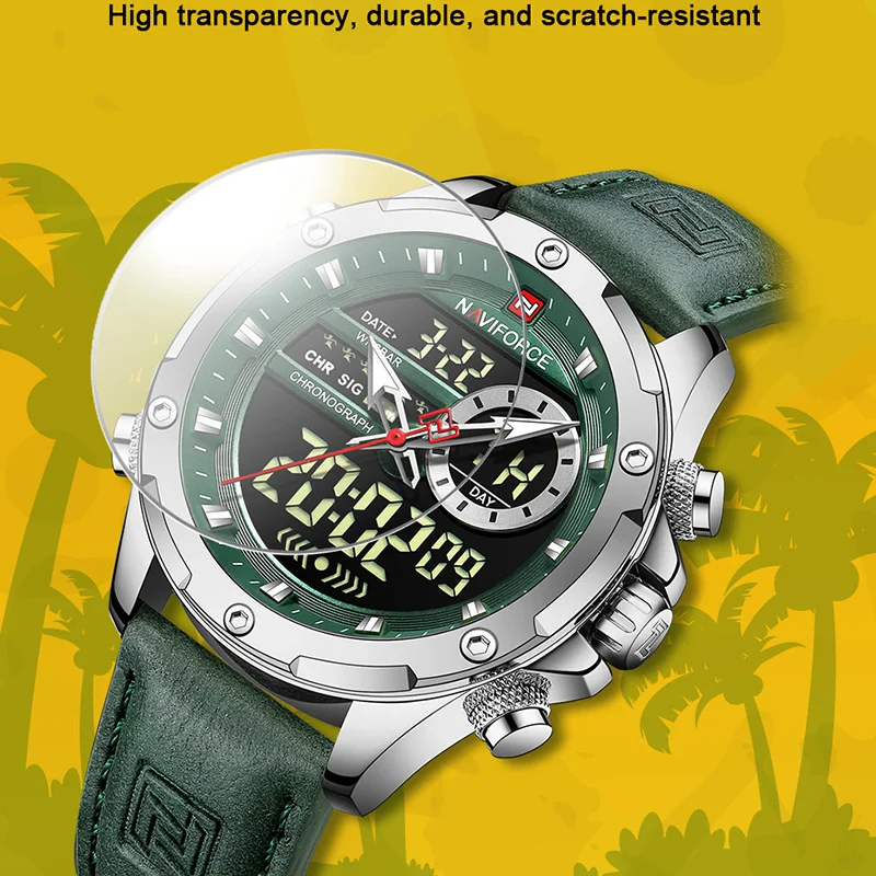 NAVIFORCE Mens Quartz Wristwatch Casual Sport Waterproof Day And Date Display Luminous Leather Band Male Daily Fashion Watch