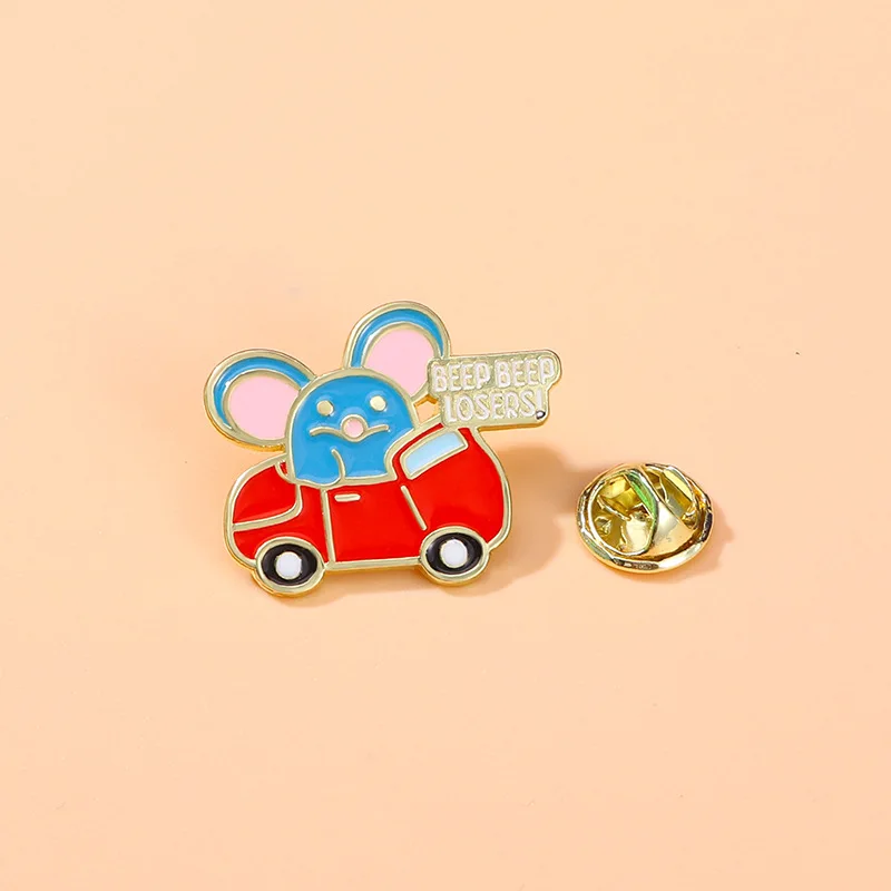 Cute Cartoon Mouse Drive Car Enamel Brooch Creative Lapel Pin Badge Backpack Clothing Hat Accessories