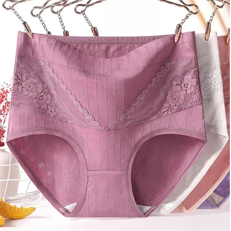 3 szt. Bawełniane majtki damskie Lady Plus Size bielizna koronkowe figi z wysokim stanem oddychająca jednokolorowa bielizna damska — zdjęcie 2