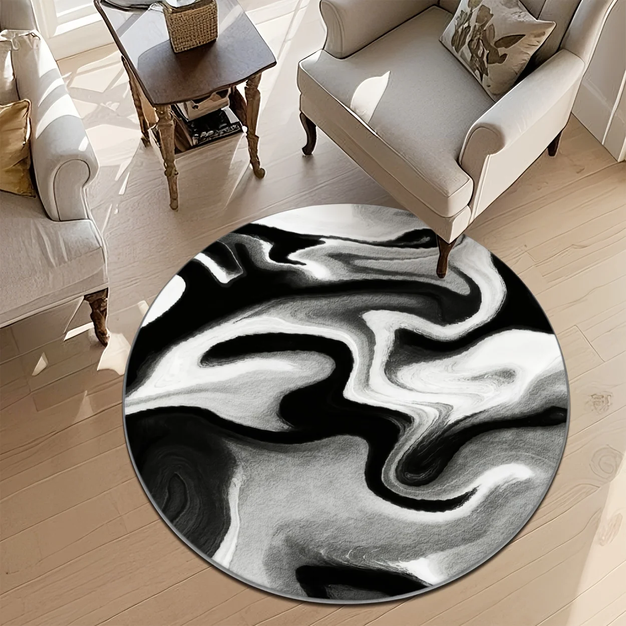 2D Flat,New Round Rug with Featuring a Black And White Abstract Art Design. Suitable for Various Settings Such As Living Rooms, Sofa Pads, Door Mats, Coffee Table Mats, And Bedroom Rugs