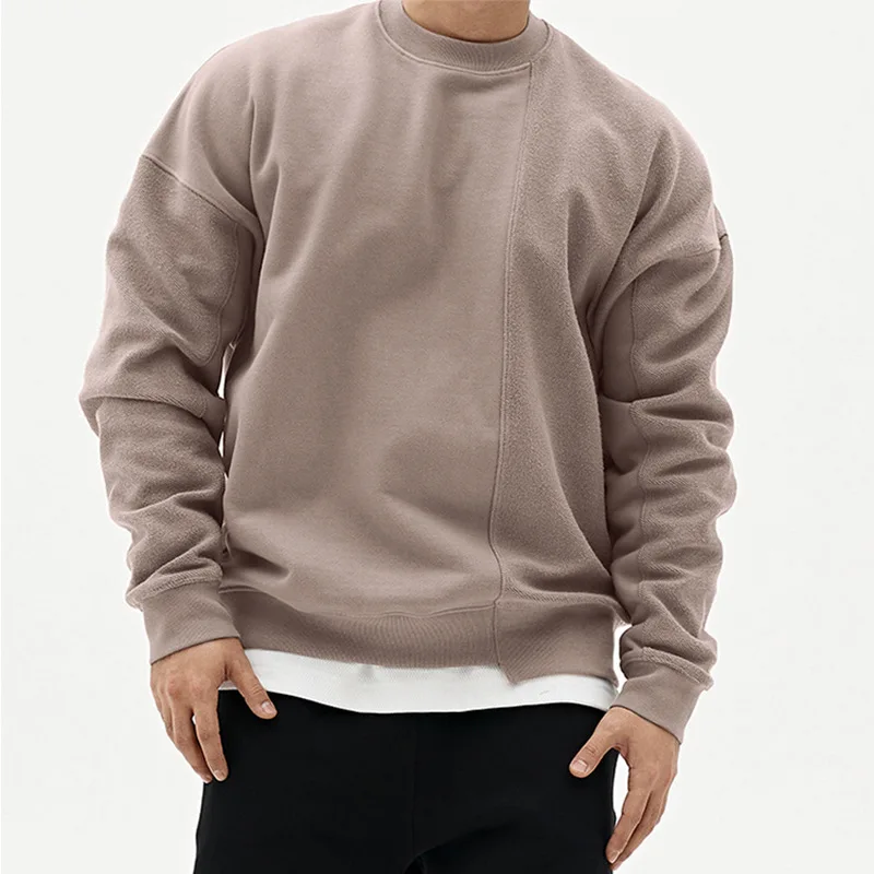 

DUYIT Loose Round Neck Creative Stitching Sweater Men's Spring/Autumn Solid Color Drop Shoulder Long Sleeve Pullover Top