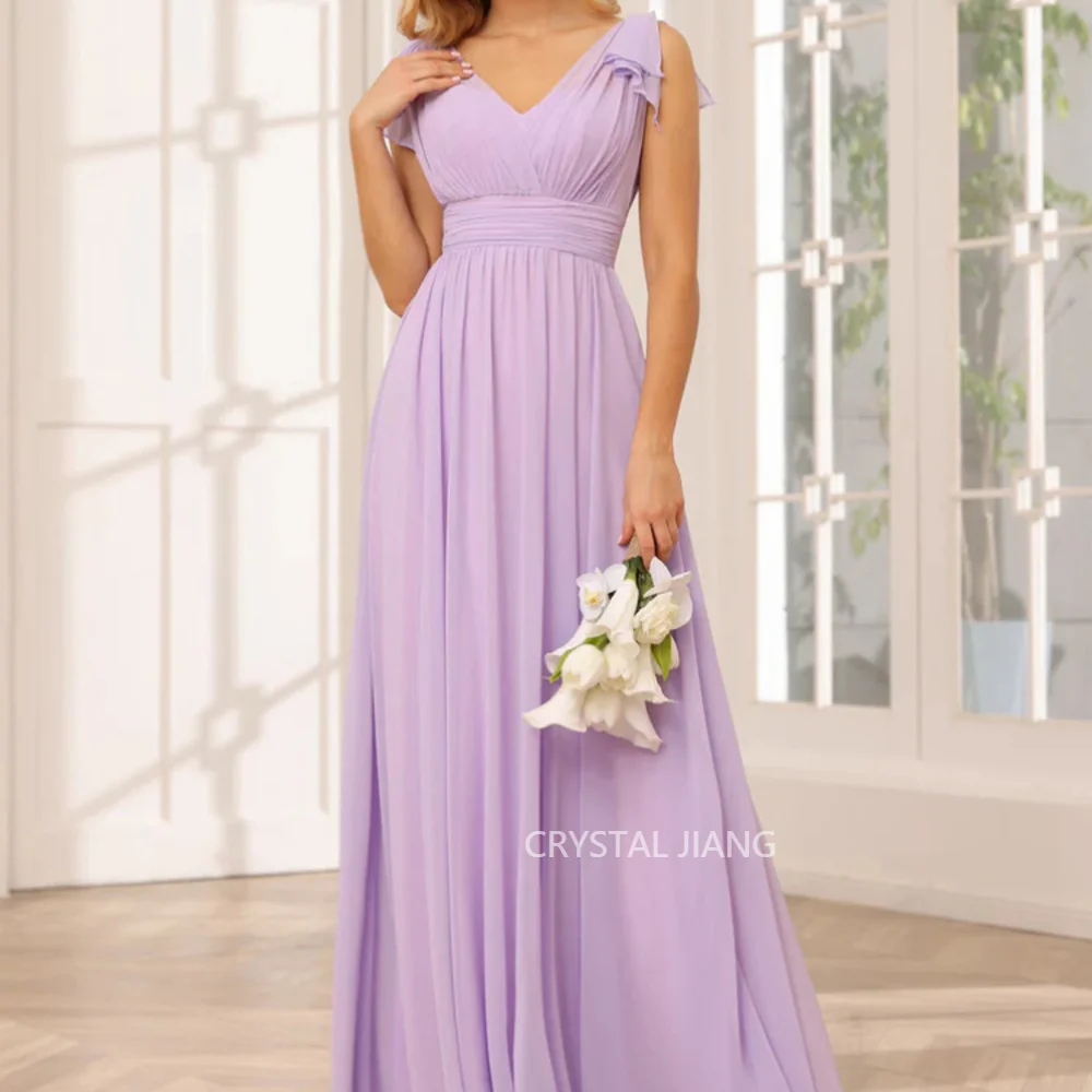 

Simple Long V Neck Chiffon Wedding Bridesmaid Dresses Sleeveless A Line Pleated Floor Length فساتين للمناسبات الخاصة